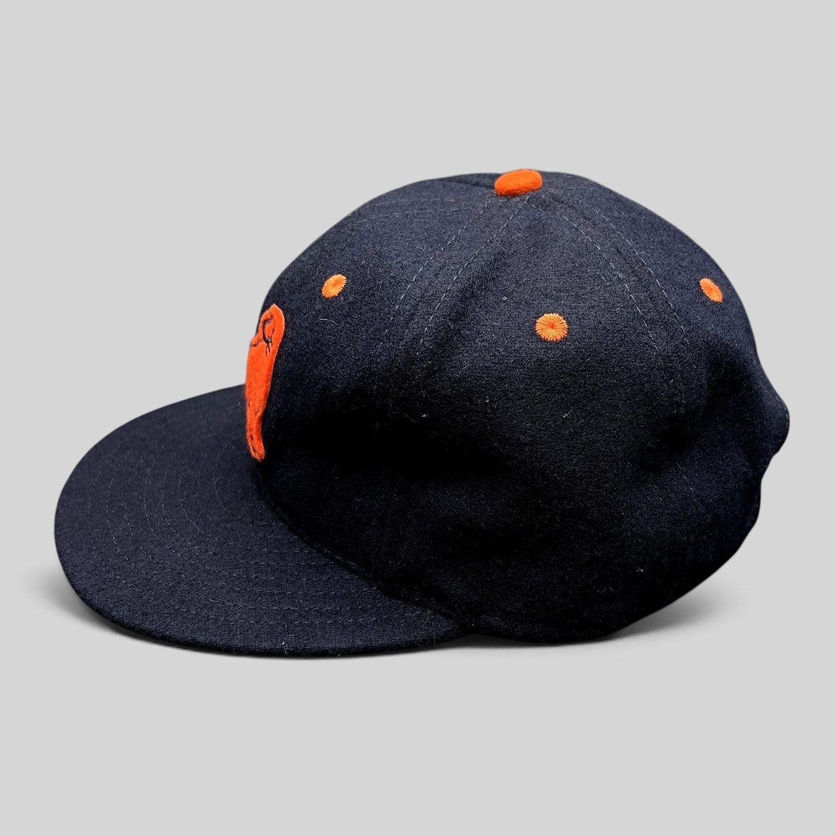 Raree Finds navy wool Ebbets Field Flannels San Francisco Seals strapback hat with orange embroidery and eyelets
