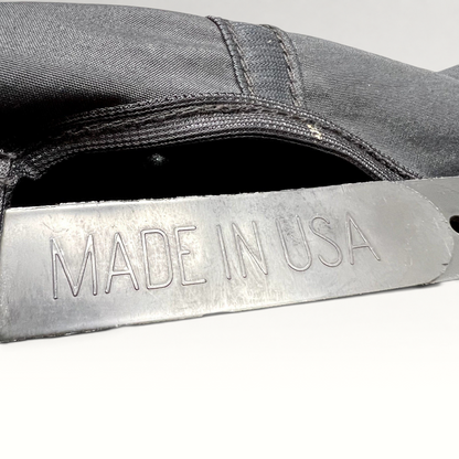 Raree Finds vintage 90s NBC News snapback hat showing the Made in USA stamp on the black nylon adjustable strap