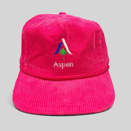 Raree Finds vintage neon pink corduroy rope snapback hat with embroidered Aspen Colorado mountain logo