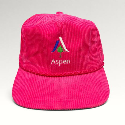 Raree Finds vintage neon pink corduroy rope snapback hat with embroidered Aspen Colorado mountain logo