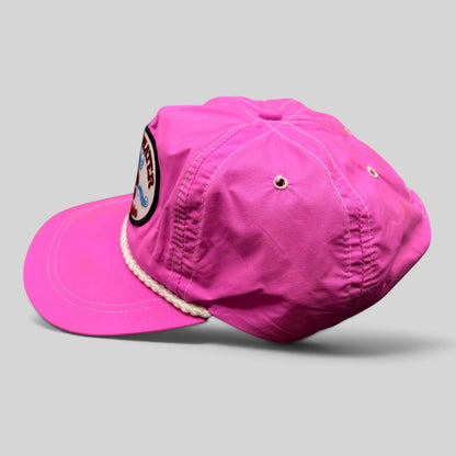 Raree Finds vintage neon pink nylon Imperial strapback hat with white rope detail and White Water AC patch