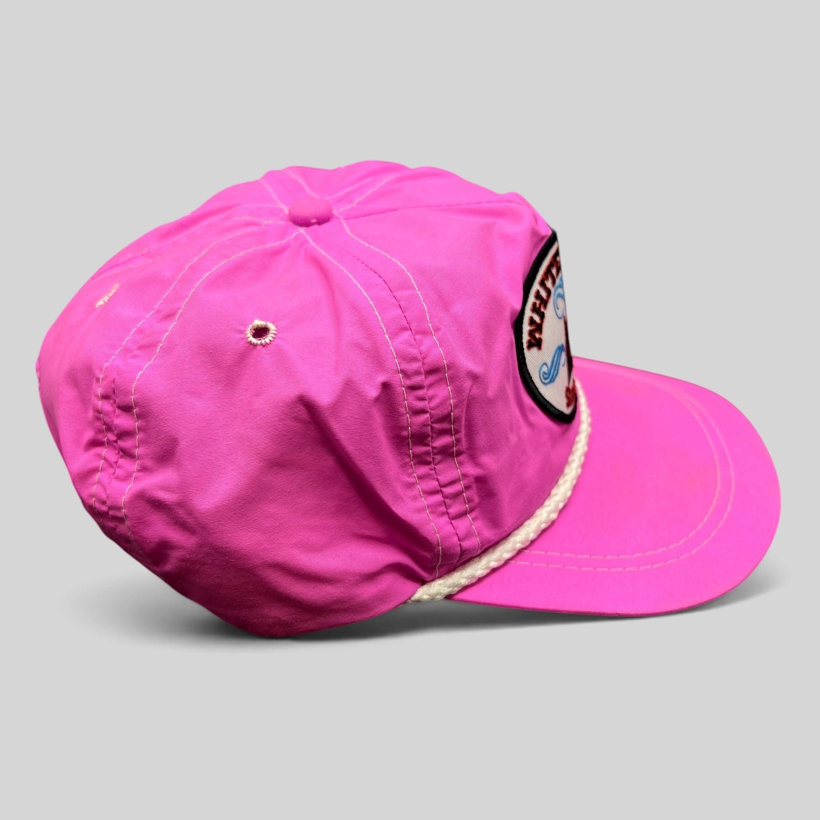 Raree Finds vintage Imperial neon pink nylon strapback hat with white rope detail and White Water AC patch