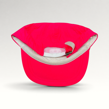 Raree Finds vintage 80s neon pink nylon ski hat showing the interior foam sweatband and adjustable metal clasp