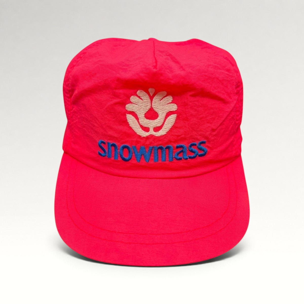 Raree Finds vintage 80s neon pink nylon Snowmass ski hat with white tree logo and blue embroidery