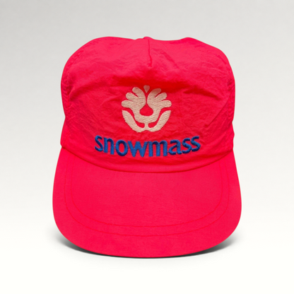 Raree Finds vintage 80s neon pink nylon Snowmass ski hat with white tree logo and blue embroidery