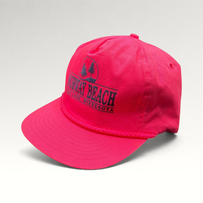 Raree Finds vintage 1980s neon pink snapback hat with navy Norway Beach graphic and decorative front rope detail.