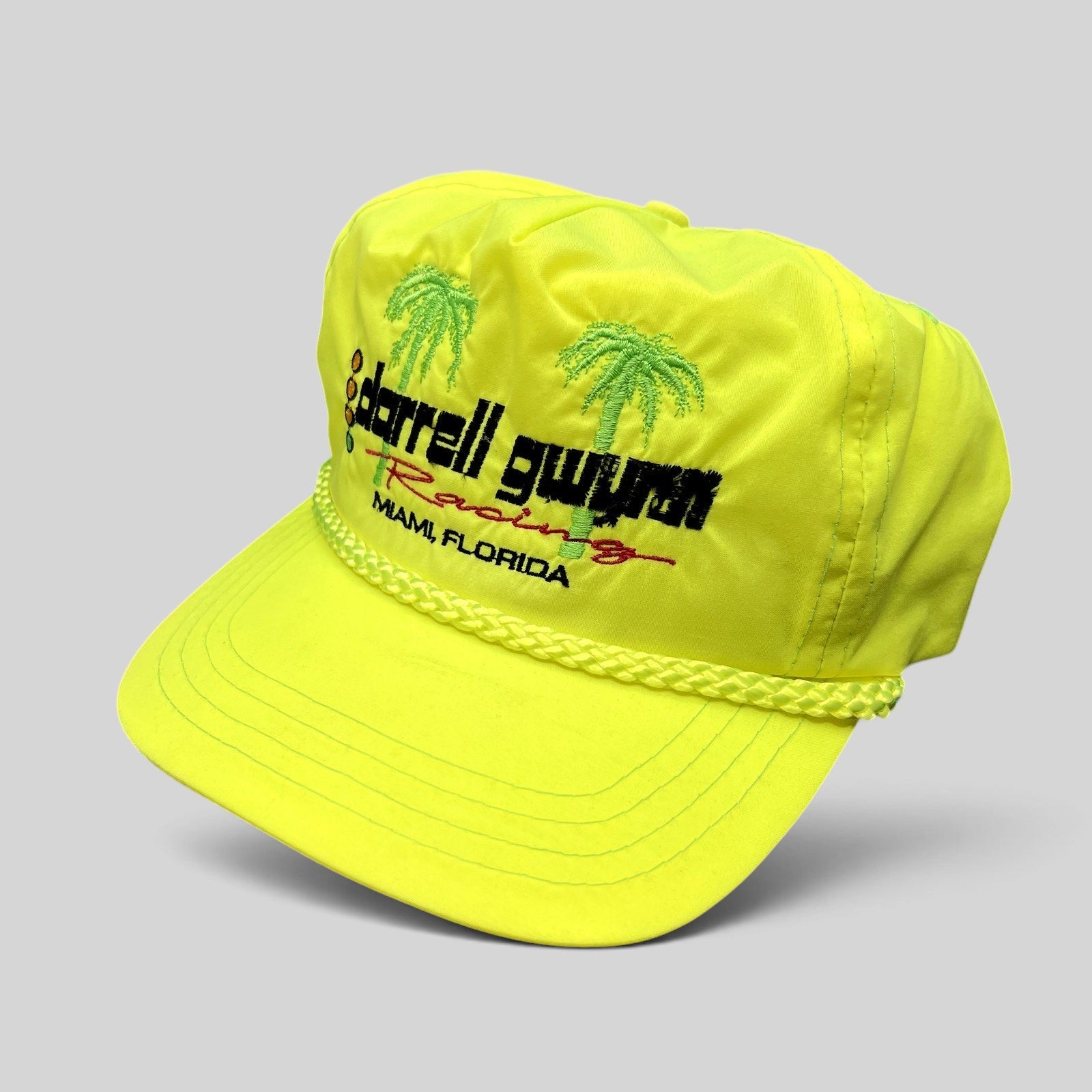Raree Finds vintage neon yellow Darrell Gwynn Racing nylon snapback hat with embroidered palm trees and Miami logo