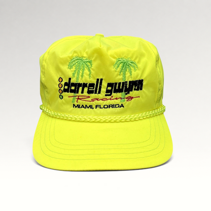 Raree Finds vintage neon yellow Darrell Gwynn Racing nylon snapback hat with embroidered palm trees and braided rope