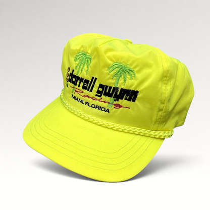 Raree Finds vintage neon yellow Darrell Gwynn Racing snapback hat with embroidered palm trees and braided rope detail