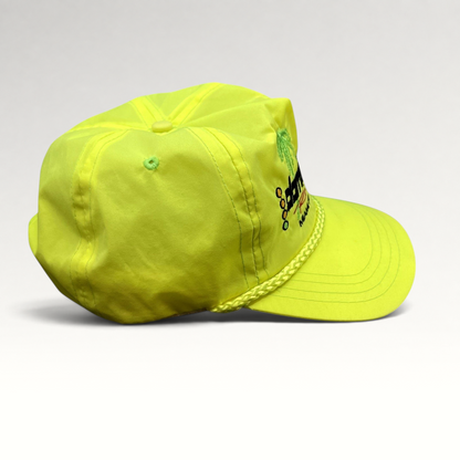 Raree Finds vintage neon yellow Darrell Gwynn Racing nylon snapback hat with embroidered palm trees and braided rope.
