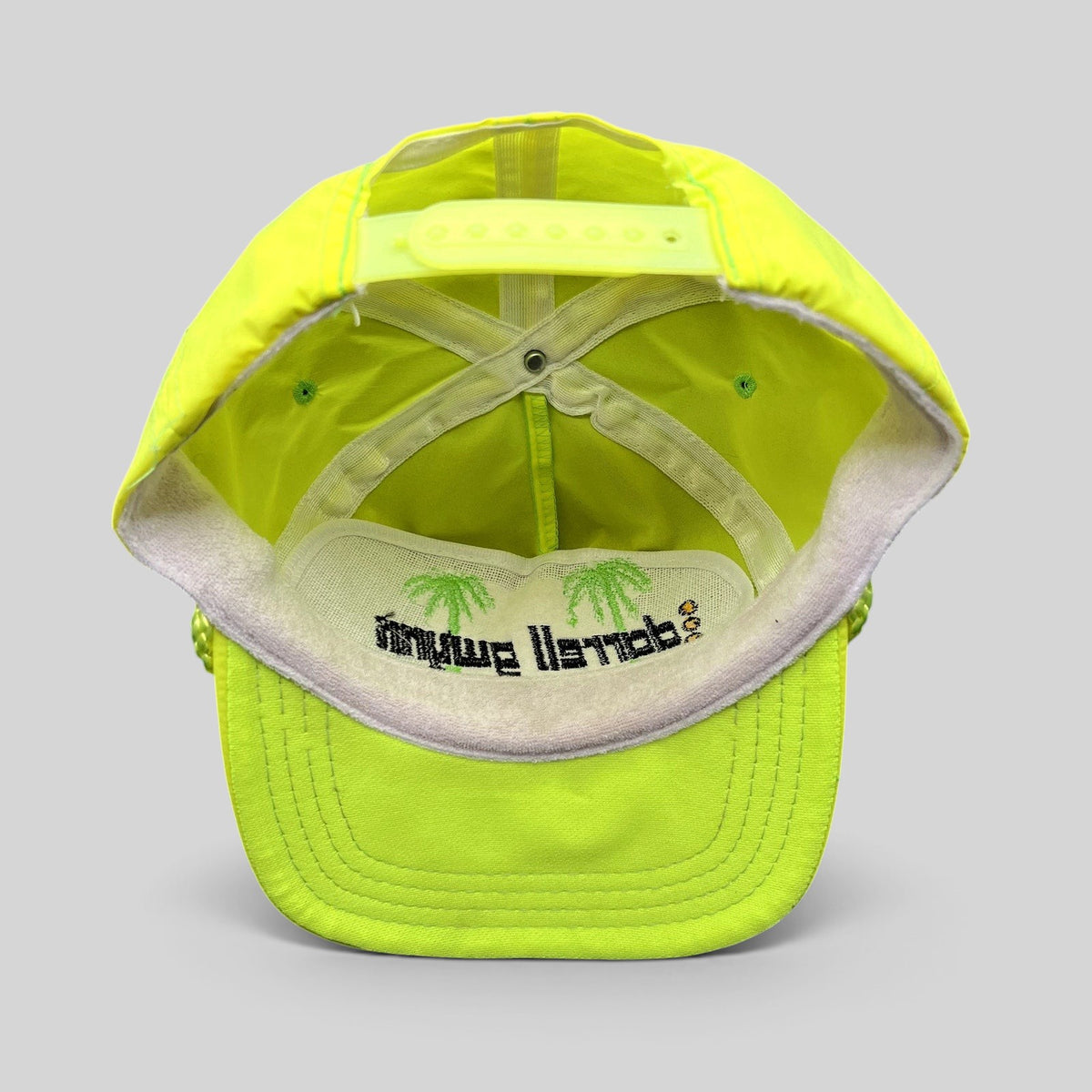 Raree Finds vintage neon yellow Darrell Gwynn Racing nylon snapback hat with interior palm tree embroidery