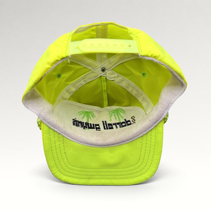 Raree Finds vintage neon yellow Darrell Gwynn Racing snapback hat interior view showing palm tree embroidery