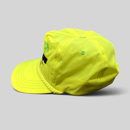 Raree Finds vintage neon yellow nylon Darrell Gwynn Racing snapback hat with embroidered palm trees and braided rope