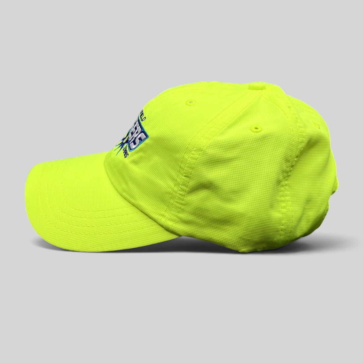Raree Finds vintage neon yellow Springfield Lasers World TeamTennis strapback hat with embroidered logo side view