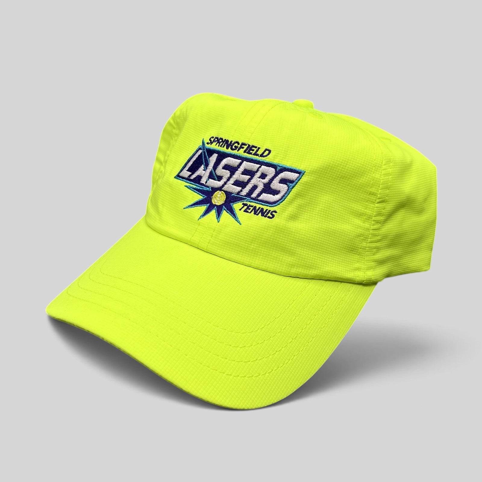 Raree Finds vintage Springfield Lasers neon yellow polyester strapback tennis hat with embroidered team logo