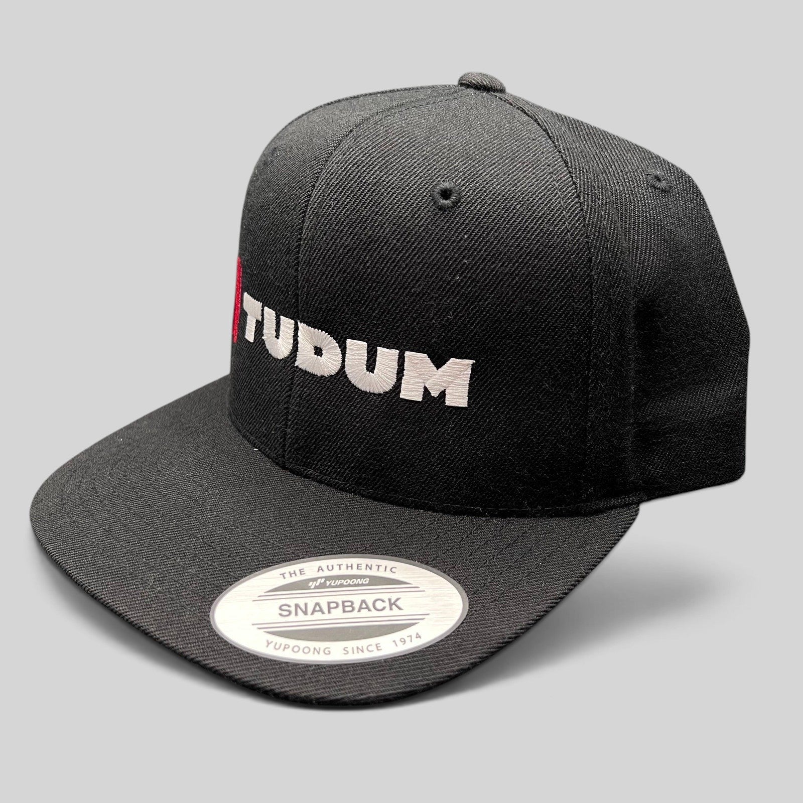 Raree Finds black Netflix Tudum snapback hat with red and white embroidery on a Yupoong structured six-panel cap.