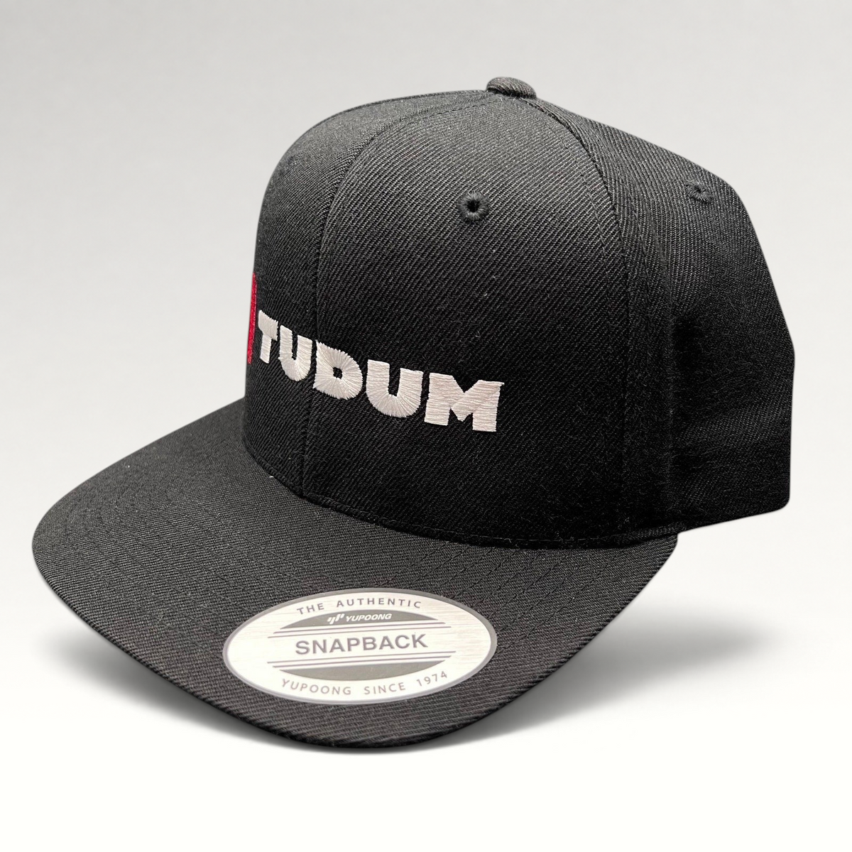 Raree Finds black Netflix Tudum snapback hat with red and white embroidery on a Yupoong structured six-panel cap.