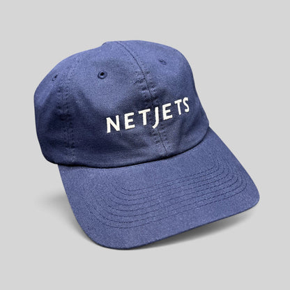 Raree Finds navy blue NetJets cotton strapback hat with white embroidered logo and premium leather adjustable strap