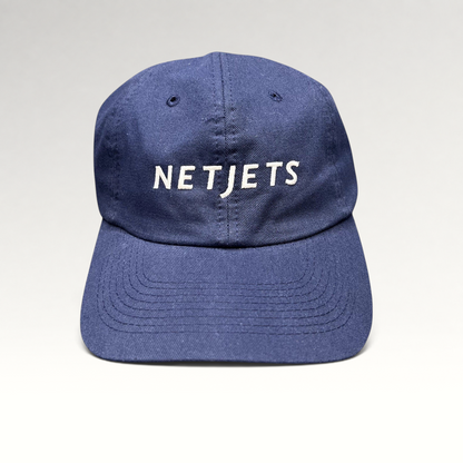Raree Finds navy blue cotton strapback cap with white embroidered NetJets logo on the front
