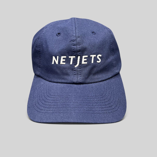 Raree Finds navy blue cotton NetJets strapback hat with white embroidered logo on the front