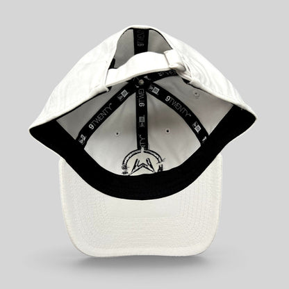 Raree Finds white New Era 9TWENTY dad cap interior view showing branded taping and black embroidered music logo