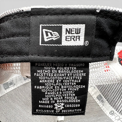 Raree Finds New Era 9FORTY trucker hat interior care label showing fabric composition and origin details.