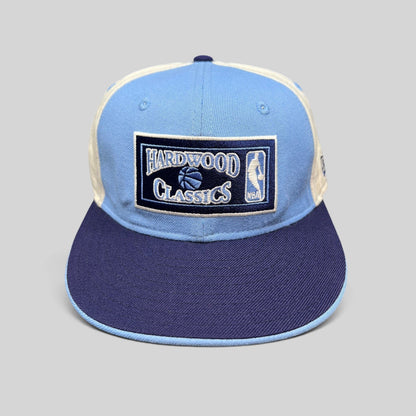 Raree Finds New Era 59FIFTY Hardwood Classics fitted hat in light blue, navy, and cream with front NBA embroidery.