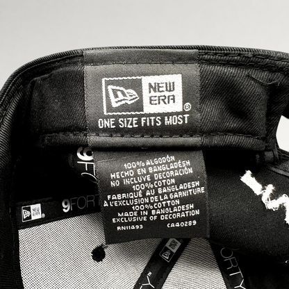 Raree Finds New Era 9FORTY hat interior label showing 100 percent cotton material and one size fits most branding