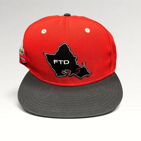 Raree Finds New Era Hawaii King of Tantalus snapback hat in red and black with FTD map embroidery and side patch.