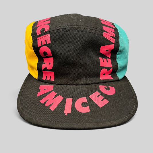 Raree Finds New Era Ice Cream America strapback hat in black cotton with vibrant pink text and teal yellow panels