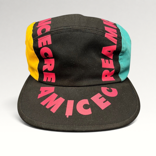 Raree Finds New Era Ice Cream America strapback hat in black cotton with vibrant pink text and teal yellow panels
