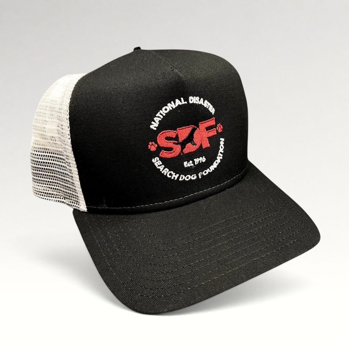 Raree Finds New Era 9FORTY trucker hat with black front, white mesh back, and embroidered SDF logo on the crown.