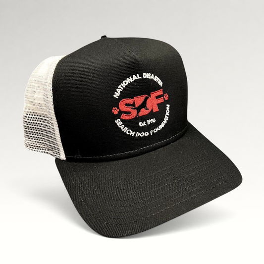 Raree Finds New Era 9FORTY trucker hat with black front, white mesh back, and embroidered SDF logo on the crown.