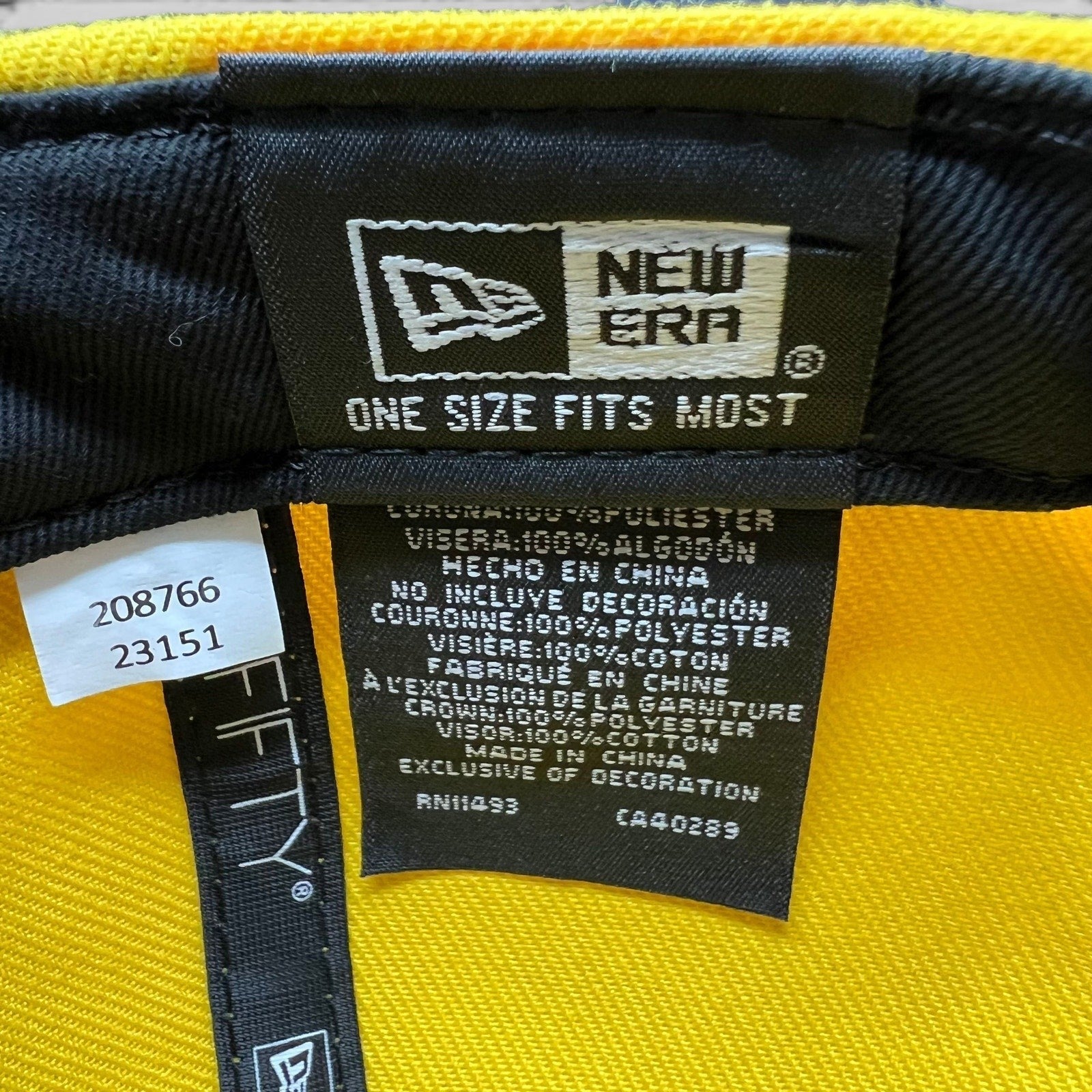 Raree Finds New Era 9FIFTY snapback hat interior care label showing material composition and branding
