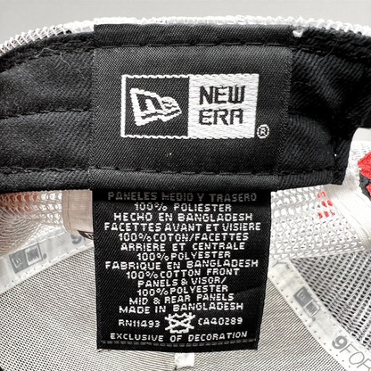 Raree Finds New Era 9FORTY trucker hat interior care label showing fabric composition and branding