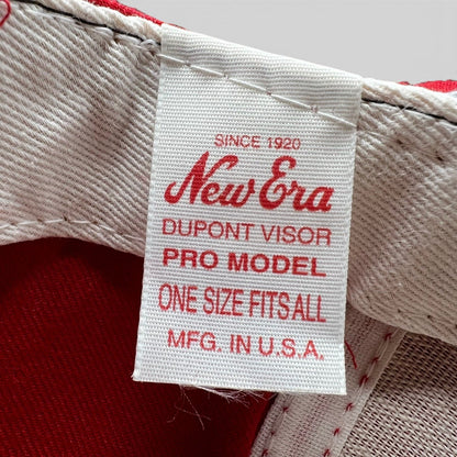 Raree Finds vintage New Era Pro Model cap interior tag with red text on white fabric, made in USA