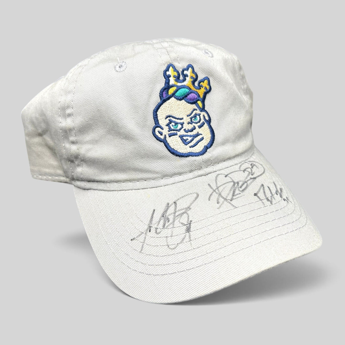 Raree Finds New Orleans Baby Cakes cream cotton strapback dad hat with team logo and player autographs on the brim