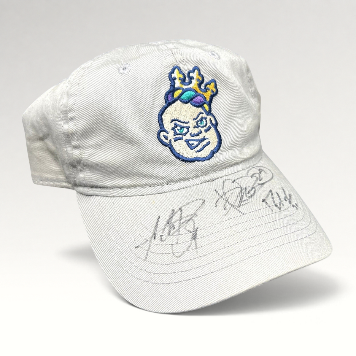 Raree Finds New Orleans Baby Cakes cream cotton strapback dad hat with team logo and player autographs on the brim