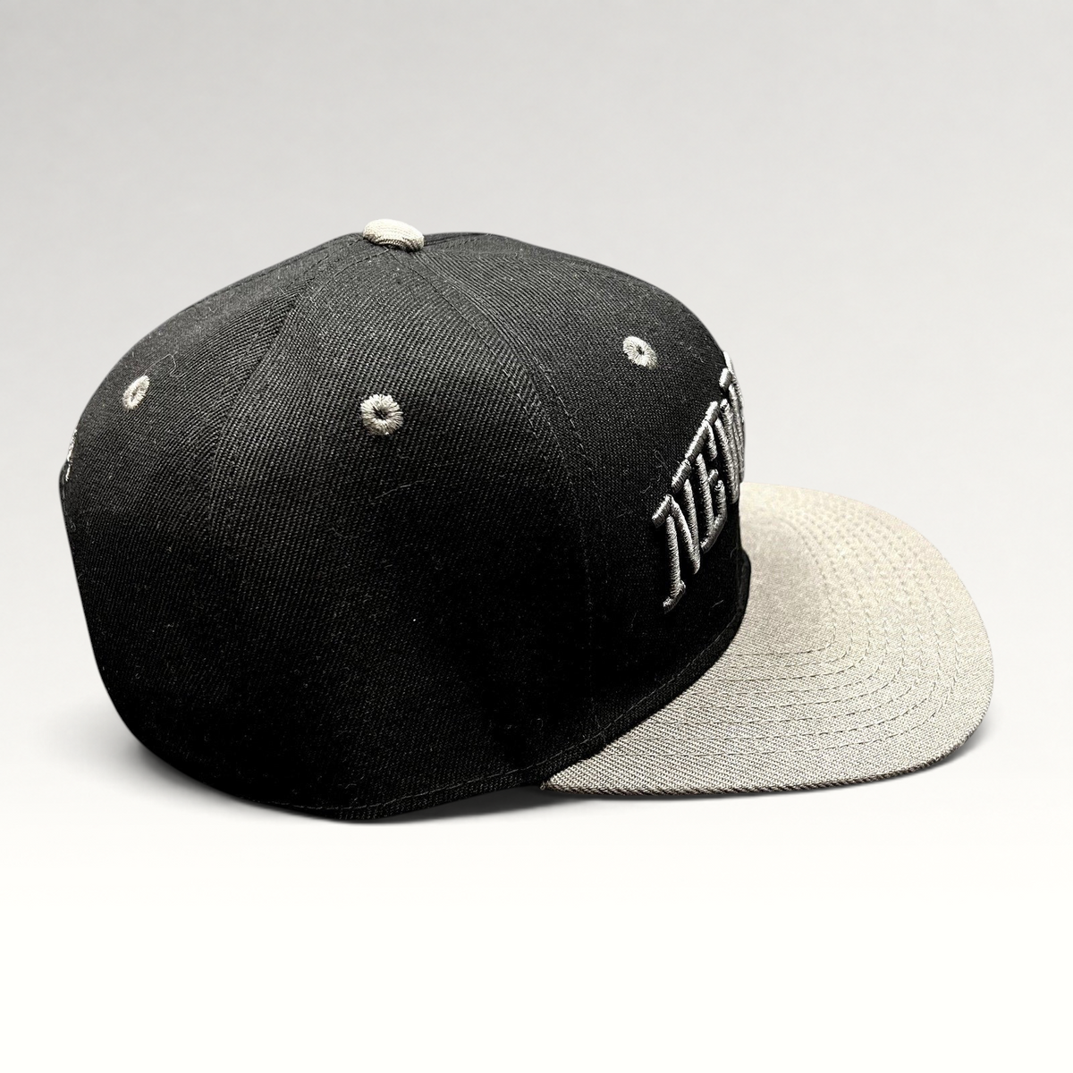 Raree Finds Newsboys Love Riot black and gray two-tone snapback hat with raised 3D embroidered lettering