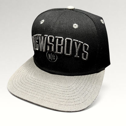Raree Finds official Newsboys Love Riot black and gray two-tone snapback hat with raised 3D embroidered lettering