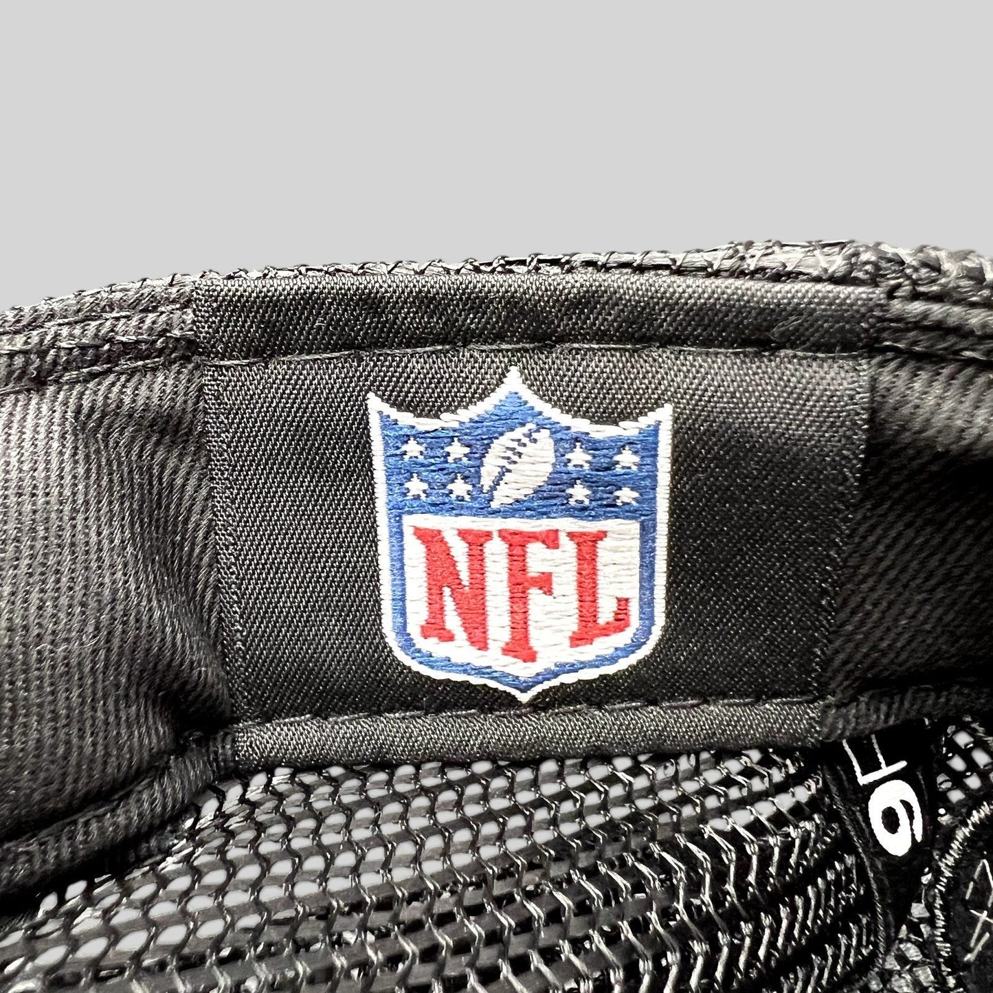 Raree Finds black New Era NFL shield logo patch on the interior of a Super Bowl LVI trucker snapback hat