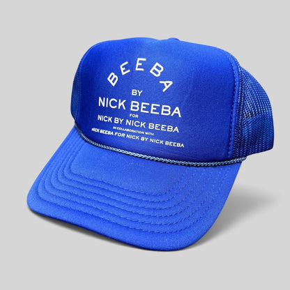 Raree Finds royal blue Nick Beeba foam front trucker hat with white repetitive graphic and mesh back snapback closure