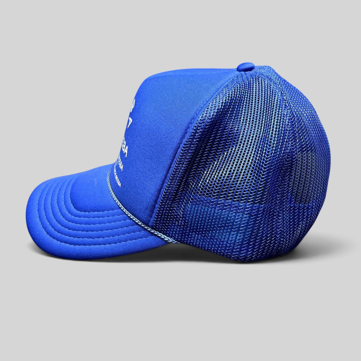 Raree Finds royal blue Nick Beeba foam front trucker hat with mesh back and white graphic text, side profile view.