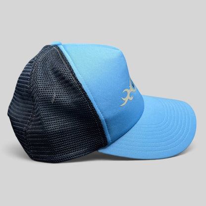 Raree Finds vintage Nike light blue trucker hat with navy mesh back and tribal-style swoosh logo graphic