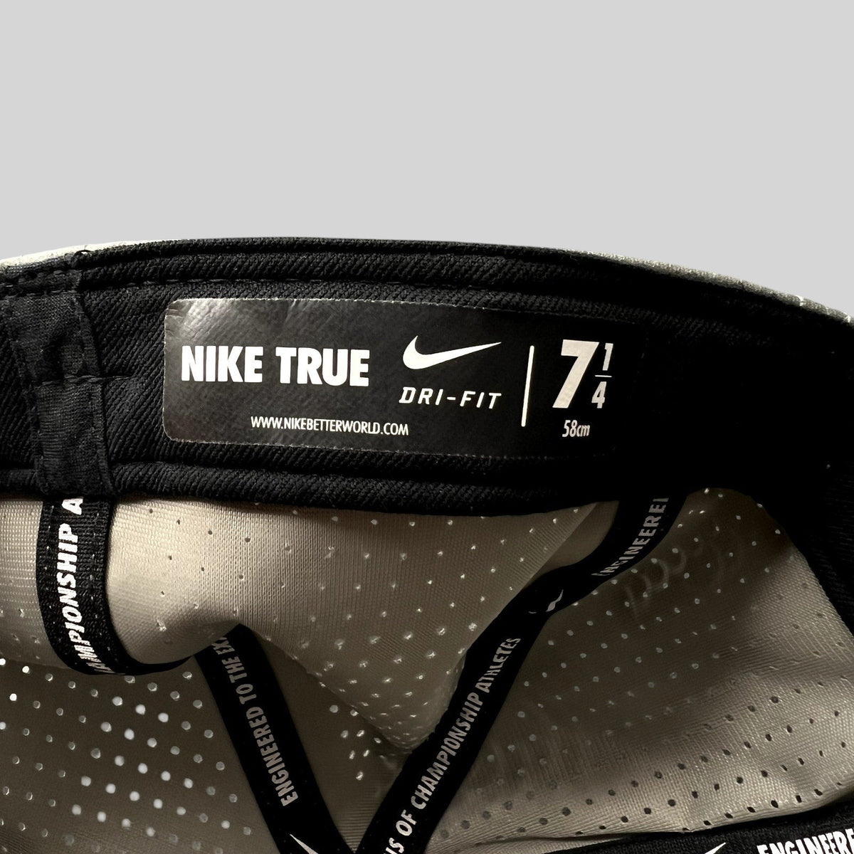 Raree Finds Nike True Dri-FIT baseball cap interior label showing size 7 1/4 and ventilated performance fabric