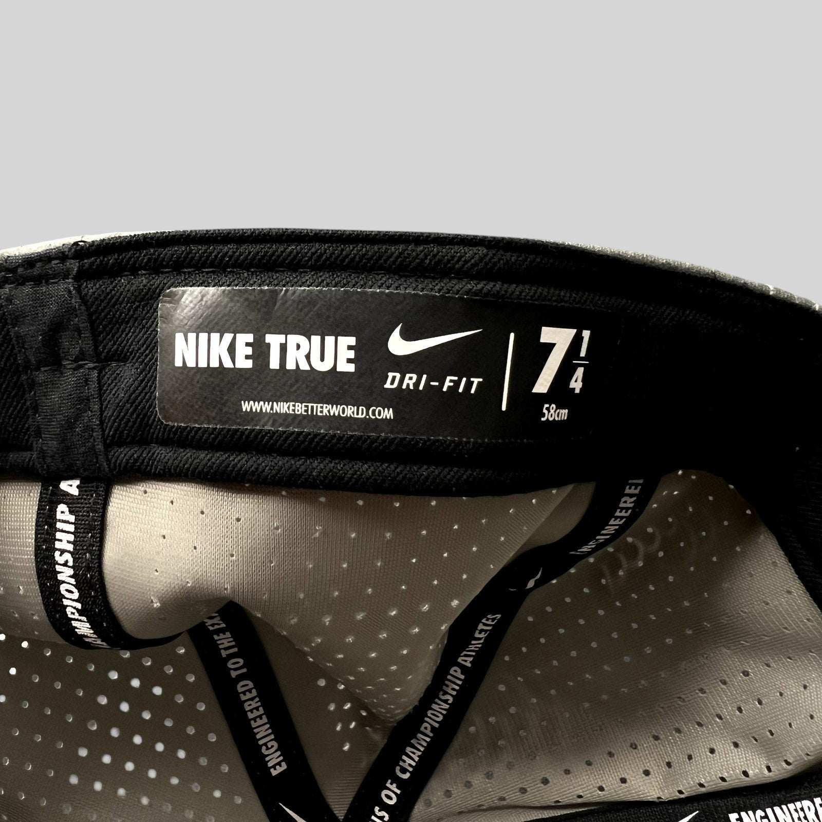 Raree Finds Nike True Dri-FIT baseball cap interior label showing size 7 1/4 and ventilated performance fabric