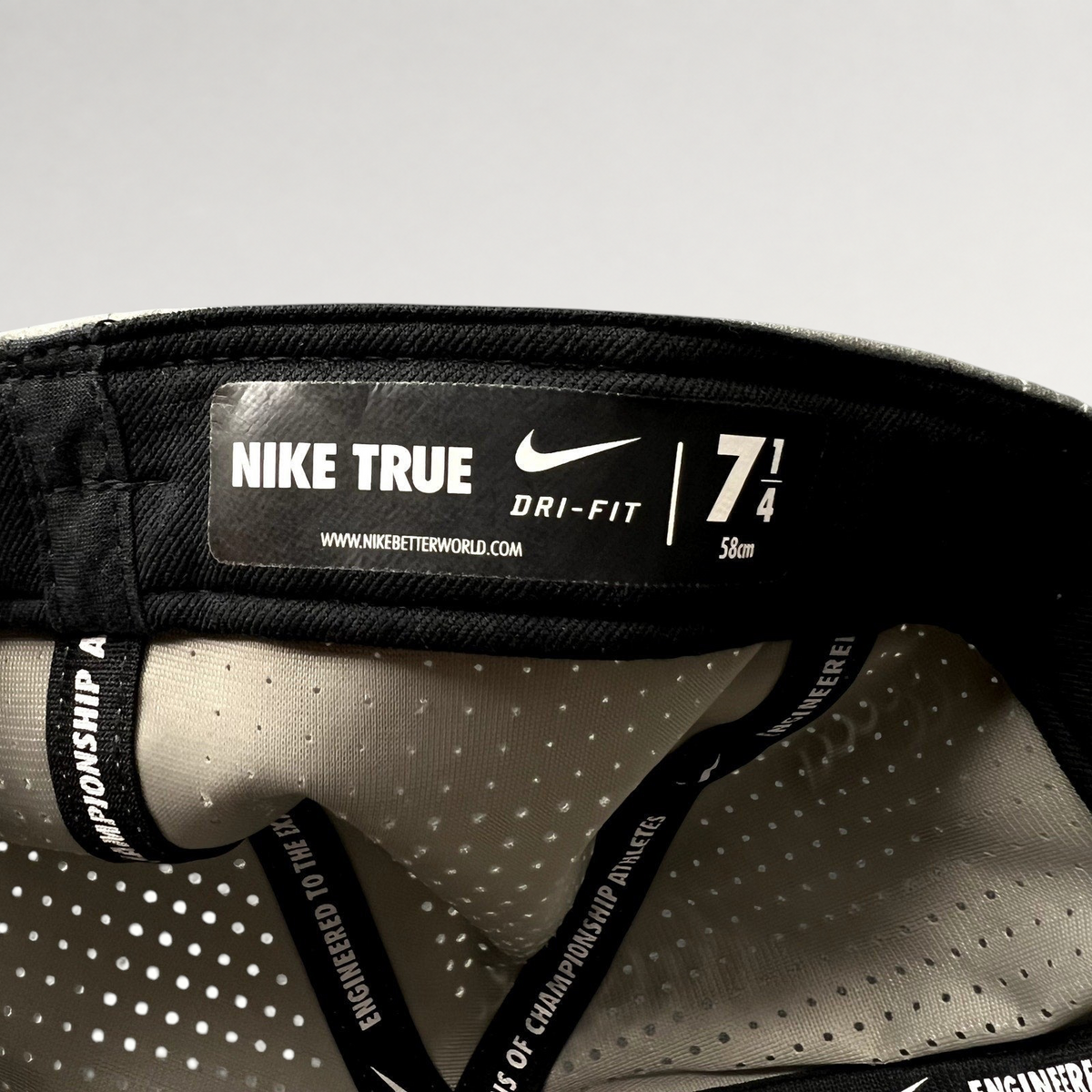 Raree Finds Nike True Dri-FIT baseball cap interior label showing size 7 1/4 and ventilated performance fabric