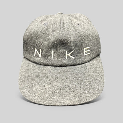 Raree Finds vintage Nike heather gray cotton strapback hat with white embroidered spellout logo on unstructured crown