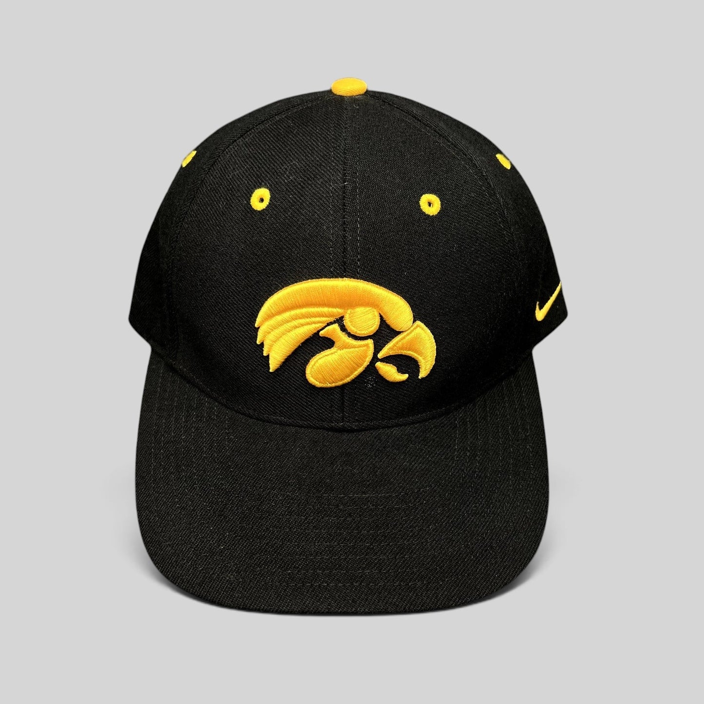 Raree Finds vintage Nike Iowa Hawkeyes strapback hat in black cotton twill with gold embroidered team logo and swoosh