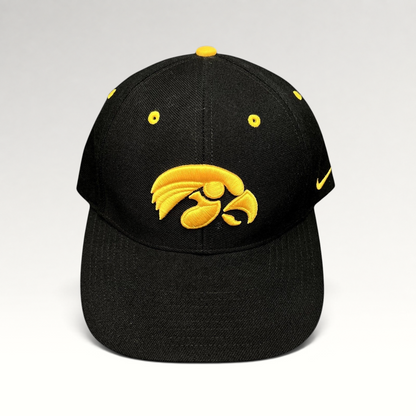 Raree Finds vintage Nike Iowa Hawkeyes strapback hat in black cotton twill with gold embroidered team logo and swoosh